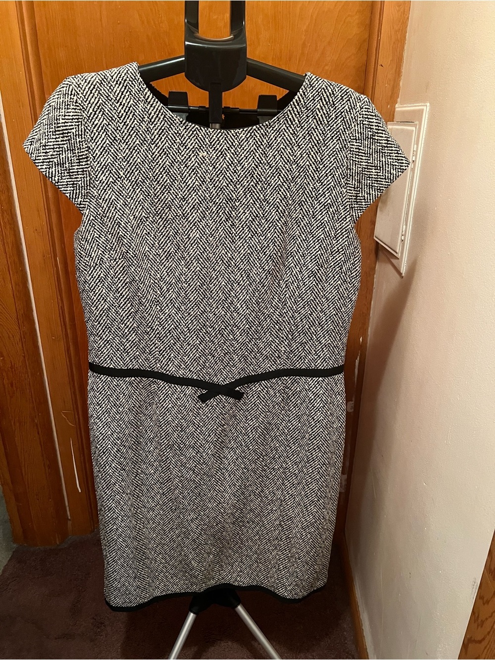 Talbots Black and White Herringbone Sheath Dress with Waist Bow
